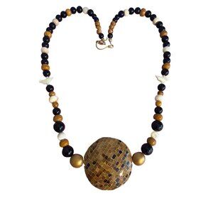 Vintage Glass Quartz Agate Bead Necklace Mosaic Pendant Carved Mother Pearl 30"